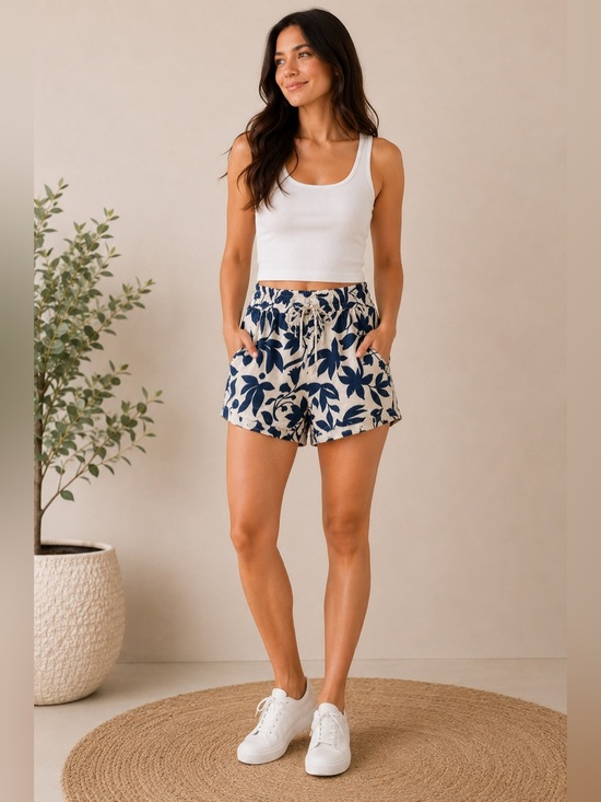 Time and Tru Pants - Time and Tru Navy Floral Linen Shorts Size XS NWT Drawstring Summer Shorts